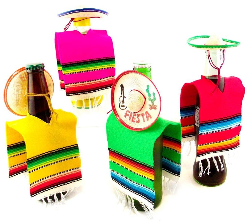 More Fiesta Set of 12 Serapes for Bottles and Mini Fiesta Hats for Bottles - 4 Inches by 11 Inches Poncho Cover, 3.5 Inches Wide Sombrero (Pack With 12 Each) Multicolored - Image 1